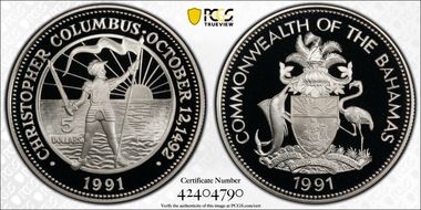 1991 $5 KM-132 Columbus PR70DCAM