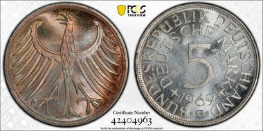 1969-G 5 Mk Regular Issue J-387 MS65