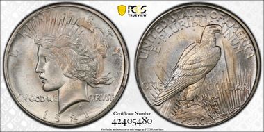 1921 $1 High Relief, Peace MS64