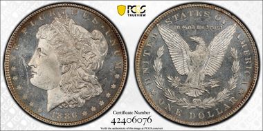 1886 $1 VAM 1C 3+2 Clashed Rev MS64DMPL