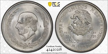 1951-Mo 5 Peso Hildago KM-467  Ag MS66