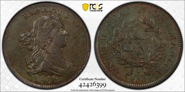 1806 1/2C Large 6, Stems AU58BN