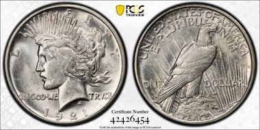 1921 $1 High Relief, Peace AU58