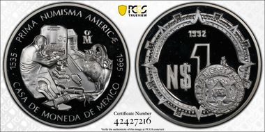 1995-Mo (5 Onza) The First Medal of America 1992 New Peso Ag SP67