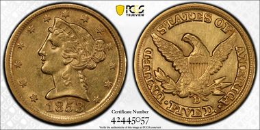 1853-D $5 Large D AU53