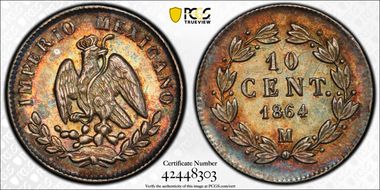 1864-M 10C Maximiliano I AU58