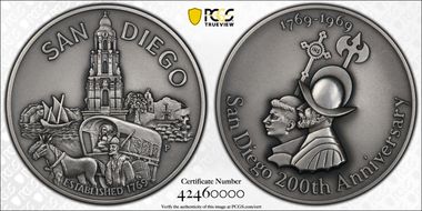 1969-P Medal D1969-1a Matte Silver 76mm San Diego Anniversary SP67