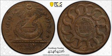 1787 Fugio 1C Newman 15-Y, 8-Pointed Stars AU58BN