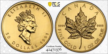 1991 $50 Maple Leaf/Au MS66