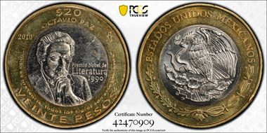 2010-Mo 20 Peso Octavio Paz AU58