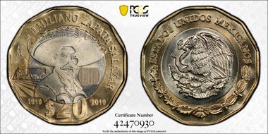 "2019" (2021)Mo 20 Peso Emiliano Zapata Salazar Centenary of Death MS65