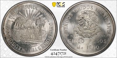 1950-Mo 5 Peso Southeastern Railroad KM-466  Ag MS66