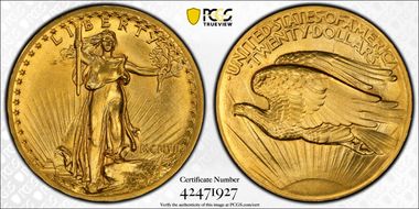 1907 $20 High Relief, Flat Edge MS64