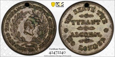(c.1841) Token GW-163 Silvered Cu, Holed PE Tyrant Alcohol, 2nd Dies AU53