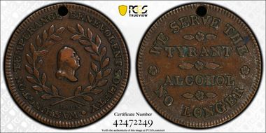 (c.1841) Token GW-163 Copper, Holed PE Tyrant Alcohol, 2nd Dies XF45BN