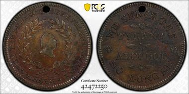 (c.1841) Token GW-163 Copper, Holed PE Tyrant Alcohol, 2nd Dies VF35BN