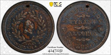 (c.1841) Token GW-163 Copper Holed RE Tyrant Alcohol, 2nd Dies AU55BN