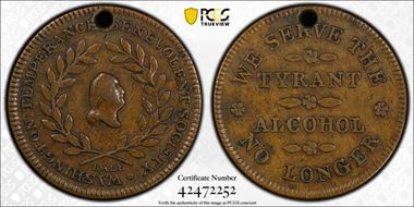 (c.1841) Token GW-163 Copper, Holed PE Tyrant Alcohol, 2nd Dies XF45BN