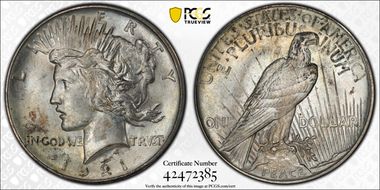 1921 $1 High Relief, Peace MS65