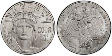 2008-W $100 Burnished St. of Liberty First Strike Mint Engravers Series Mercanti Flag SP70