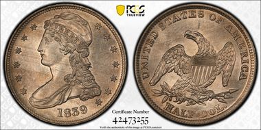 1839 50C Capped Bust MS62