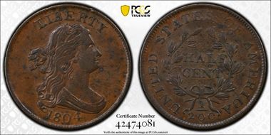 1804 1/2C C-5, Spiked Chin AU53BN