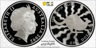 2002 $1 Kangaroo Ag-Aboriginal Design PR70DCAM