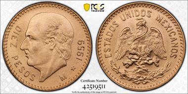 1959-M 10 Peso New Die Restrike MS70