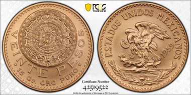 1959 20 Peso New Die Restrike MS70