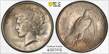 1921 $1 High Relief, Peace MS63