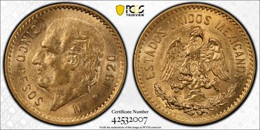 1920-M 5 Peso KM-464  Au MS64