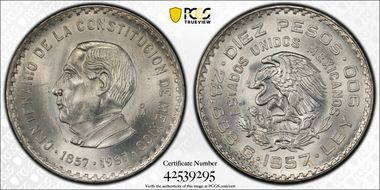 1957-Mo 10 Peso 100 Years - Constitution KM-475  Ag MS65