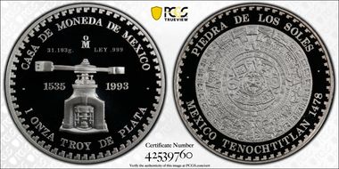 1993-Mo Onza Aztec Sun Stone .999 Ag PR69DCAM