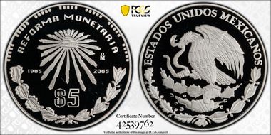 2005-Mo 5 Peso 1905 Reform- Cap & Rays KM-769  Ag PR69DCAM