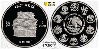 (2011)-Mo 5 Peso Chichen Itza KM-947 La Iglesia PR69DCAM