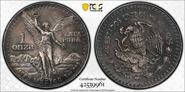 1989-Mo Onza Libertad Ag w/o Dot before 999 MS63