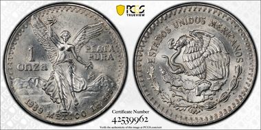 1989-Mo Onza Libertad Ag w/o Dot before 999 MS64