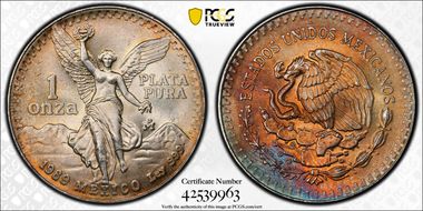 1989-Mo Onza Libertad Ag w/o Dot before 999 MS66