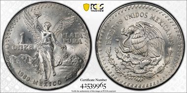1989-Mo Onza Libertad Ag w/o Dot before 999 MS64