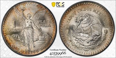 1989-Mo Onza Libertad Ag w/o Dot before 999 MS67