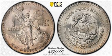 1989-Mo Onza Libertad Ag w/o Dot before 999 MS67