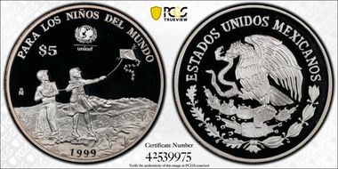 1999-Mo 5 Peso UNICEF KM-640  Ag PR69DCAM