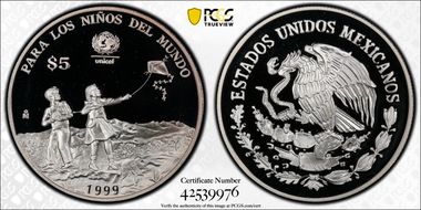 1999-Mo 5 Peso UNICEF KM-640  Ag PR69DCAM