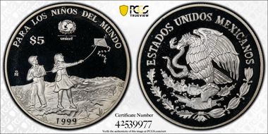 1999-Mo 5 Peso UNICEF KM-640  Ag PR68DCAM
