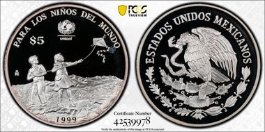 1999-Mo 5 Peso UNICEF KM-640  Ag PR67DCAM