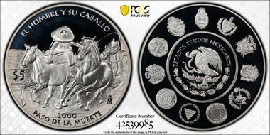 2000-Mo 5 Peso Paso de la Muerte Ag Man and his Horse PR68DCAM