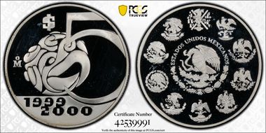 1999-2000-Mo 5 Peso Millennium Series Aztec Bird PR64DCAM