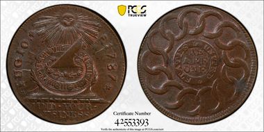 1787 Fugio 1C States United, 4 Cinq MS65BN