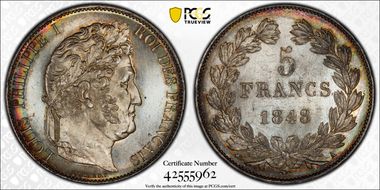 1848-A 5 Fr Gad-678a F-325 L.Philippe MS64+