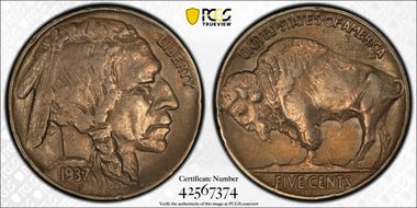 1937-D 5C 3 Legs AU55